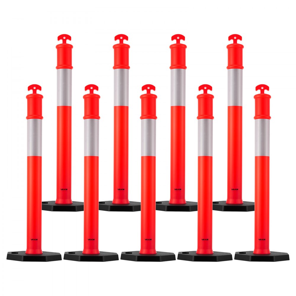 VEVOR 9 Pack Traffic Delineator Posts, 48 inches Traffic Safety Cones with Weighted Base and Reflective Strips, Heavy Duty Delineator Posts for Construction Site, Parking Lot, Crowd Control, Red
