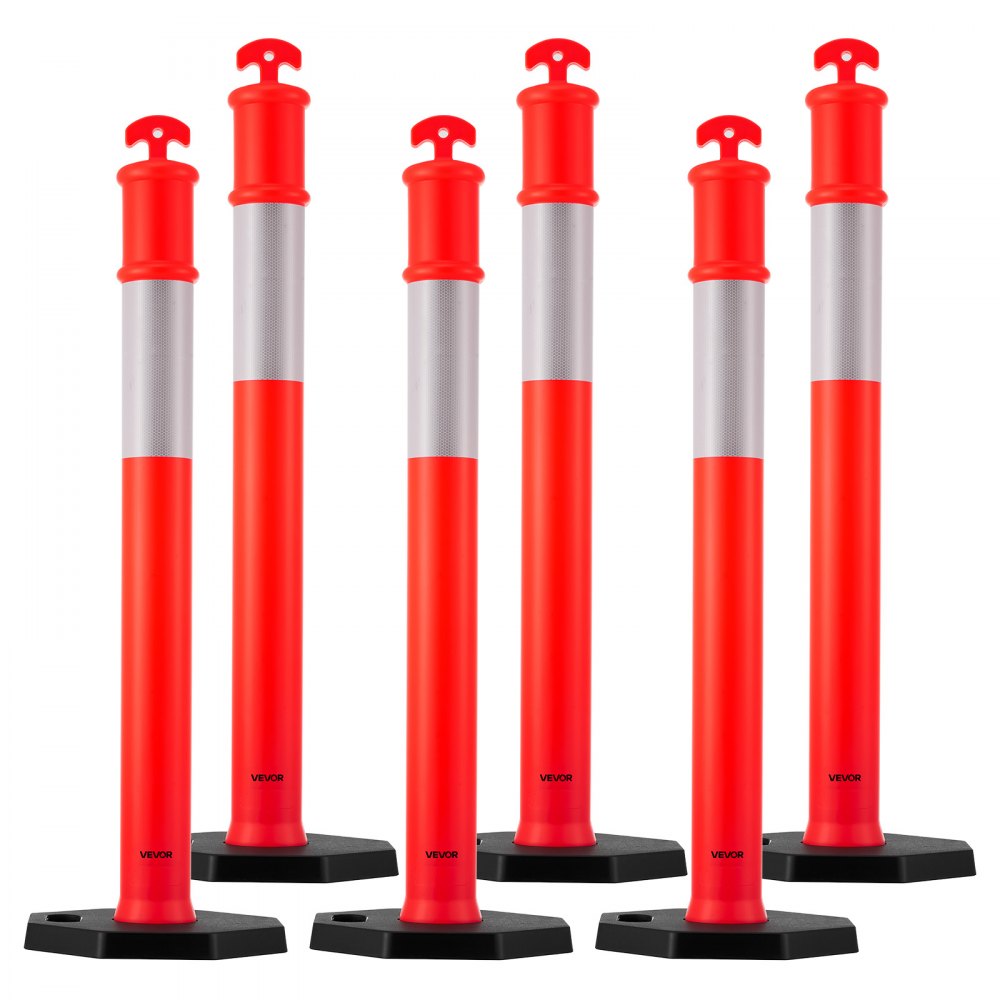 VEVOR 6 Pack Traffic Delineator Posts, 48 inches Traffic Safety Cones with Weighted Base and Reflective Strips, Heavy Duty Delineator Posts for Construction Site, Parking Lot, Crowd Control, Red