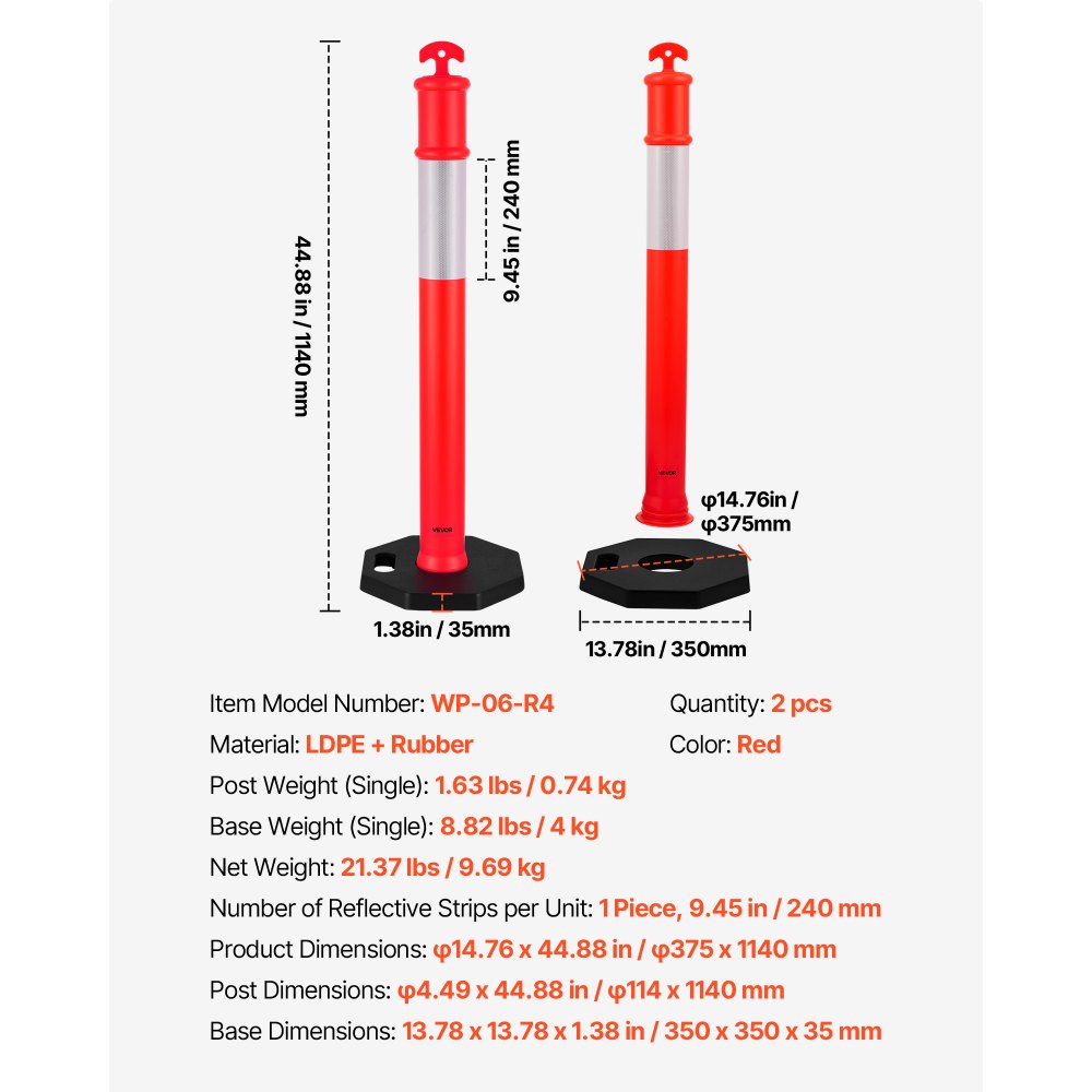 VEVOR 2 Pack Traffic Delineator Posts, 48 inches Traffic Safety Cones with Weighted Base and Reflective Strips, Heavy Duty Delineator Posts for Construction Site, Parking Lot, Crowd Control, Red