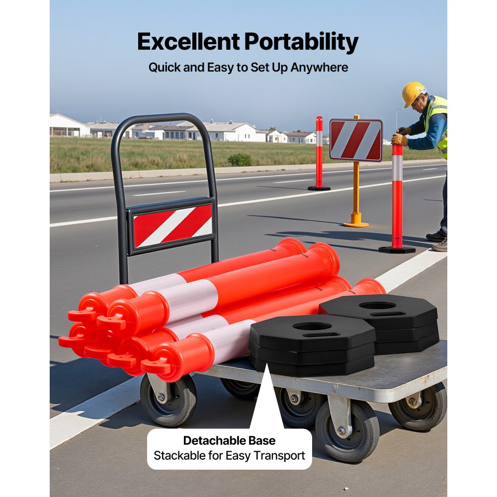 VEVOR 12 Pack Traffic Delineator Posts, 48 inches Traffic Safety Cones with Weighted Base and Reflective Strips, Heavy Duty Delineator Posts for Construction Site, Parking Lot, Crowd Control, Red