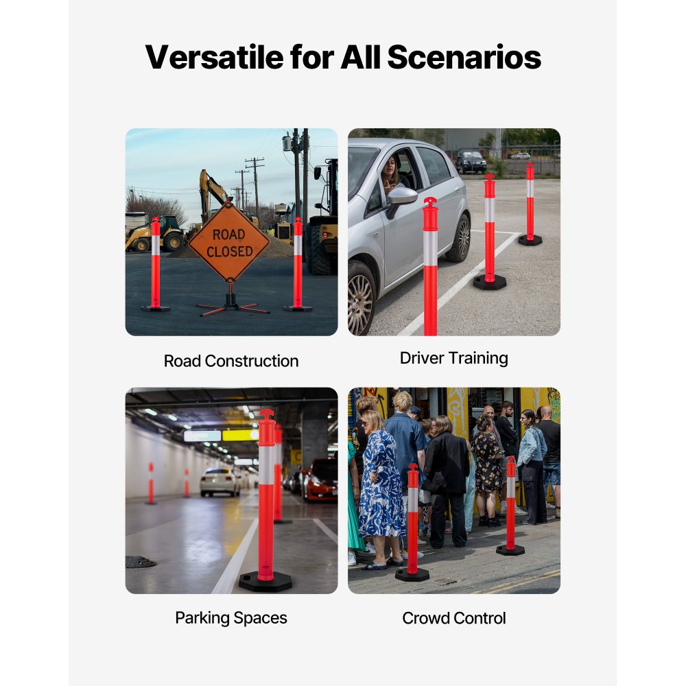 VEVOR 12 Pack Traffic Delineator Posts, 48 inches Traffic Safety Cones with Weighted Base and Reflective Strips, Heavy Duty Delineator Posts for Construction Site, Parking Lot, Crowd Control, Red