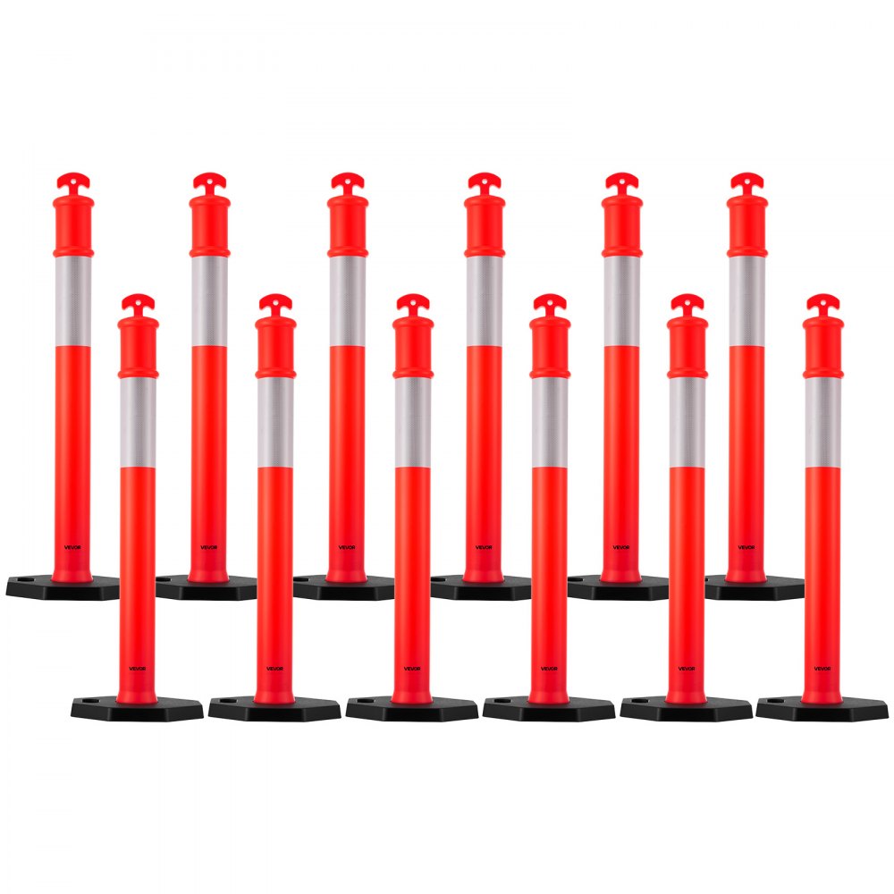 VEVOR 12 Pack Traffic Delineator Posts, 48 inches Traffic Safety Cones with Weighted Base and Reflective Strips, Heavy Duty Delineator Posts for Construction Site, Parking Lot, Crowd Control, Red