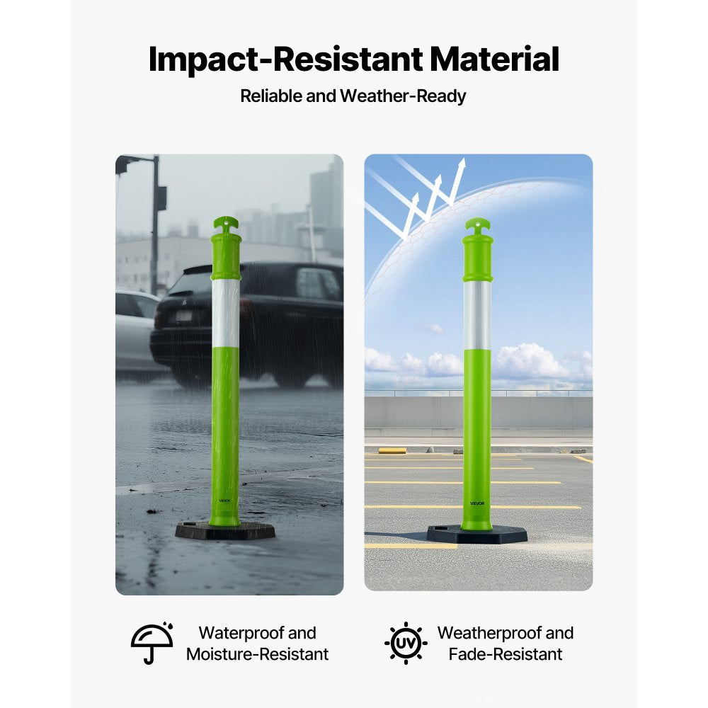 VEVOR 3 Pack Traffic Delineator Posts, 48 inches Traffic Safety Cones with Weighted Base and Reflective Strips, Heavy Duty Delineator Posts for Construction Site, Parking Lot, Crowd Control, Green