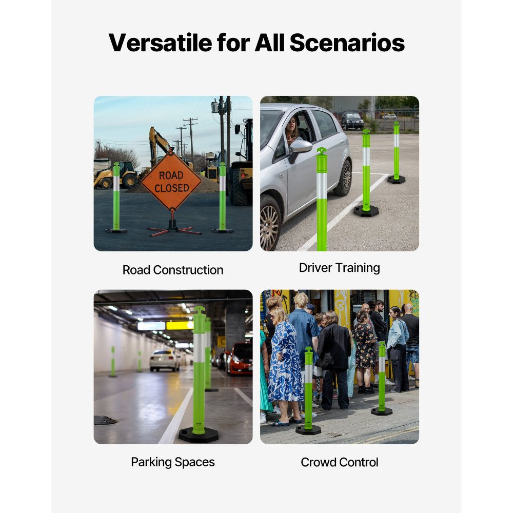 VEVOR 3 Pack Traffic Delineator Posts, 48 inches Traffic Safety Cones with Weighted Base and Reflective Strips, Heavy Duty Delineator Posts for Construction Site, Parking Lot, Crowd Control, Green