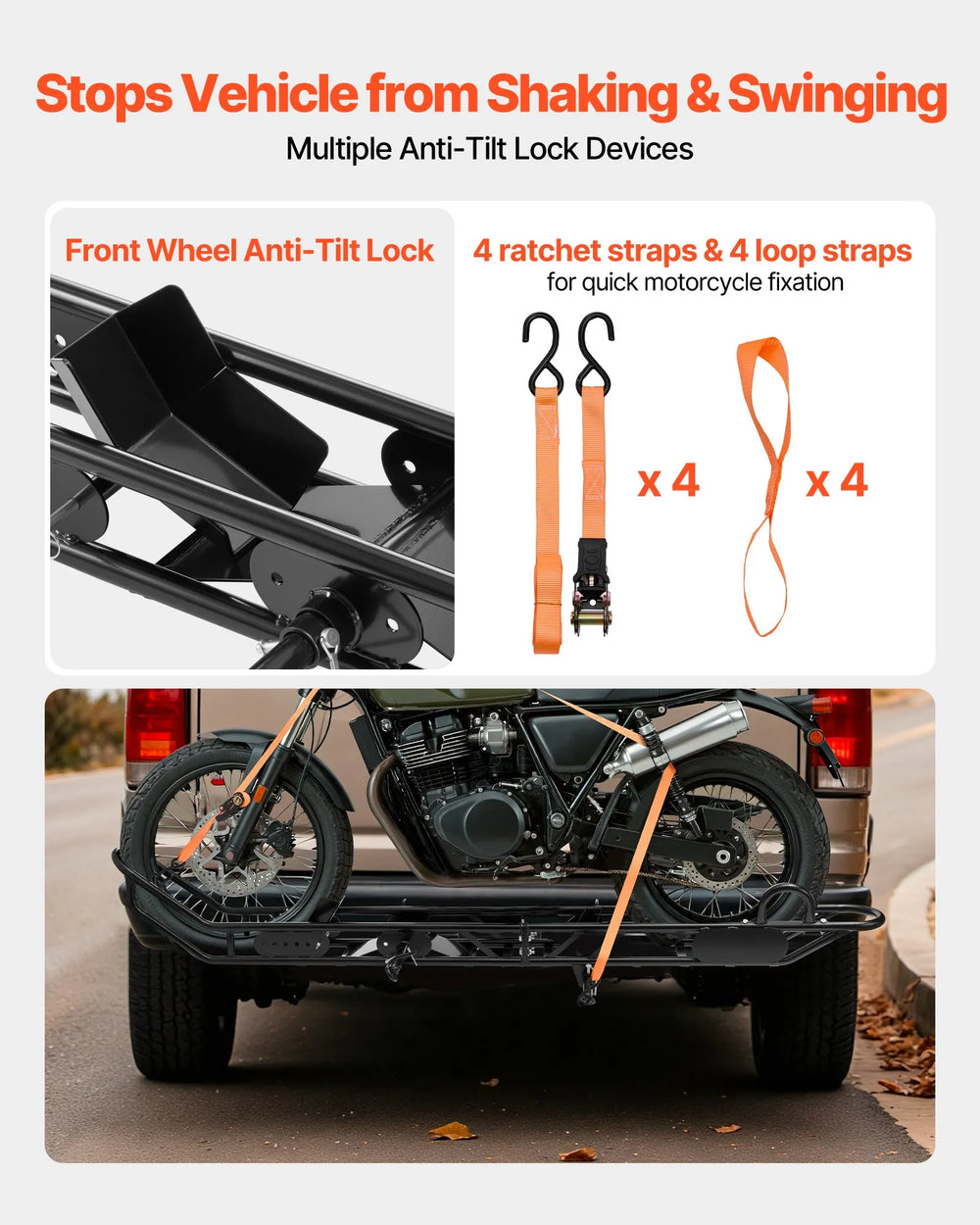 Multiple anti-tilt lock devices with front wheel lock and included straps
