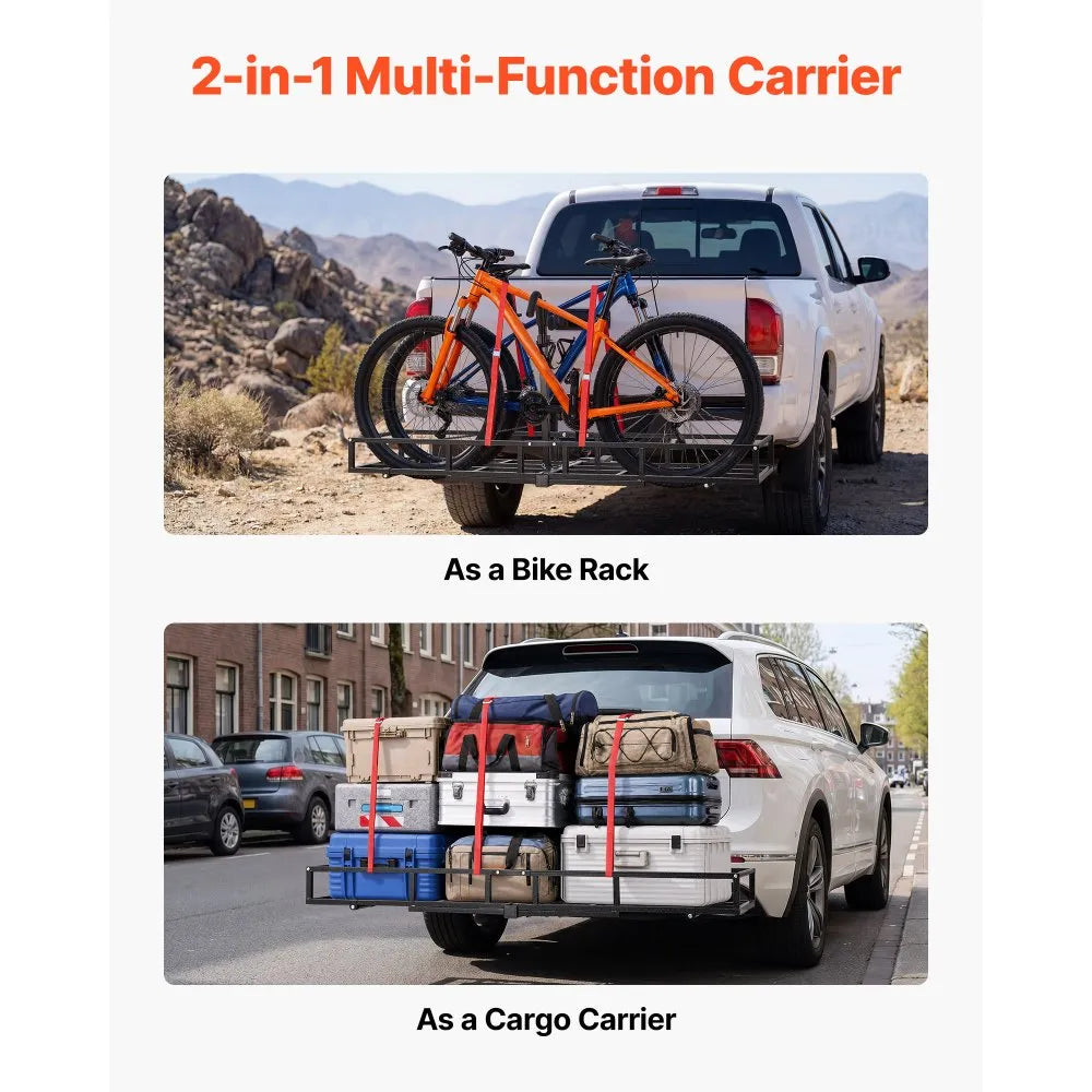 VEVOR Hitch Cargo Carrier Bike Rack, 66" x 20" x 6" Folding Hitch Mount Cargo Carrier for 2 Fat Tire/Mountain Bikes, 500LBS Capacity High-Strength Steel Luggage Basket Fits 2" Receiver for SUV Pickups