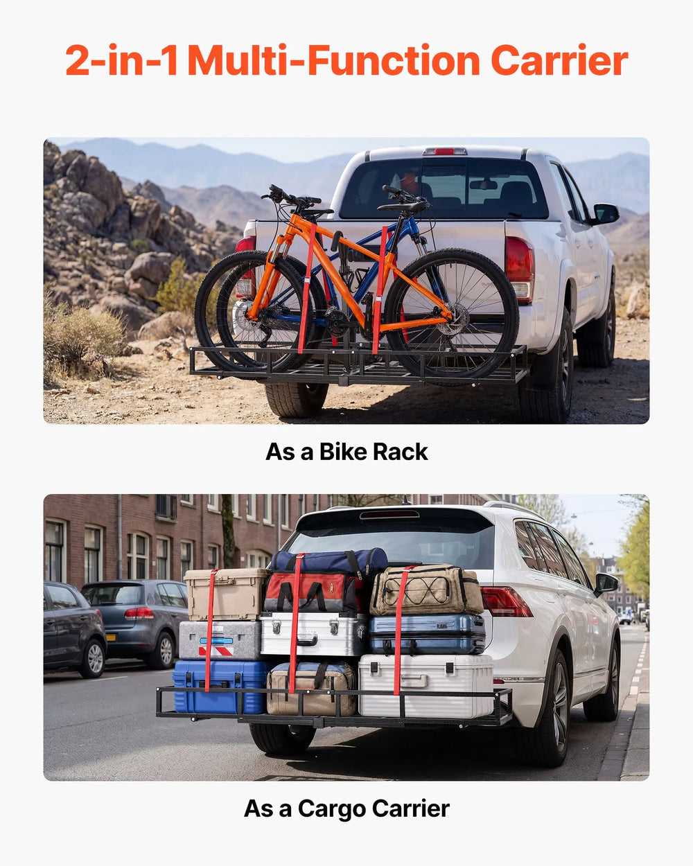 VEVOR Hitch Cargo Carrier Bike Rack, 66" x 20" x 6" Folding Hitch Mount Cargo Carrier for 2 Fat Tire/Mountain Bikes, 500LBS Capacity High-Strength Steel Luggage Basket Fits 2" Receiver for SUV Pickups