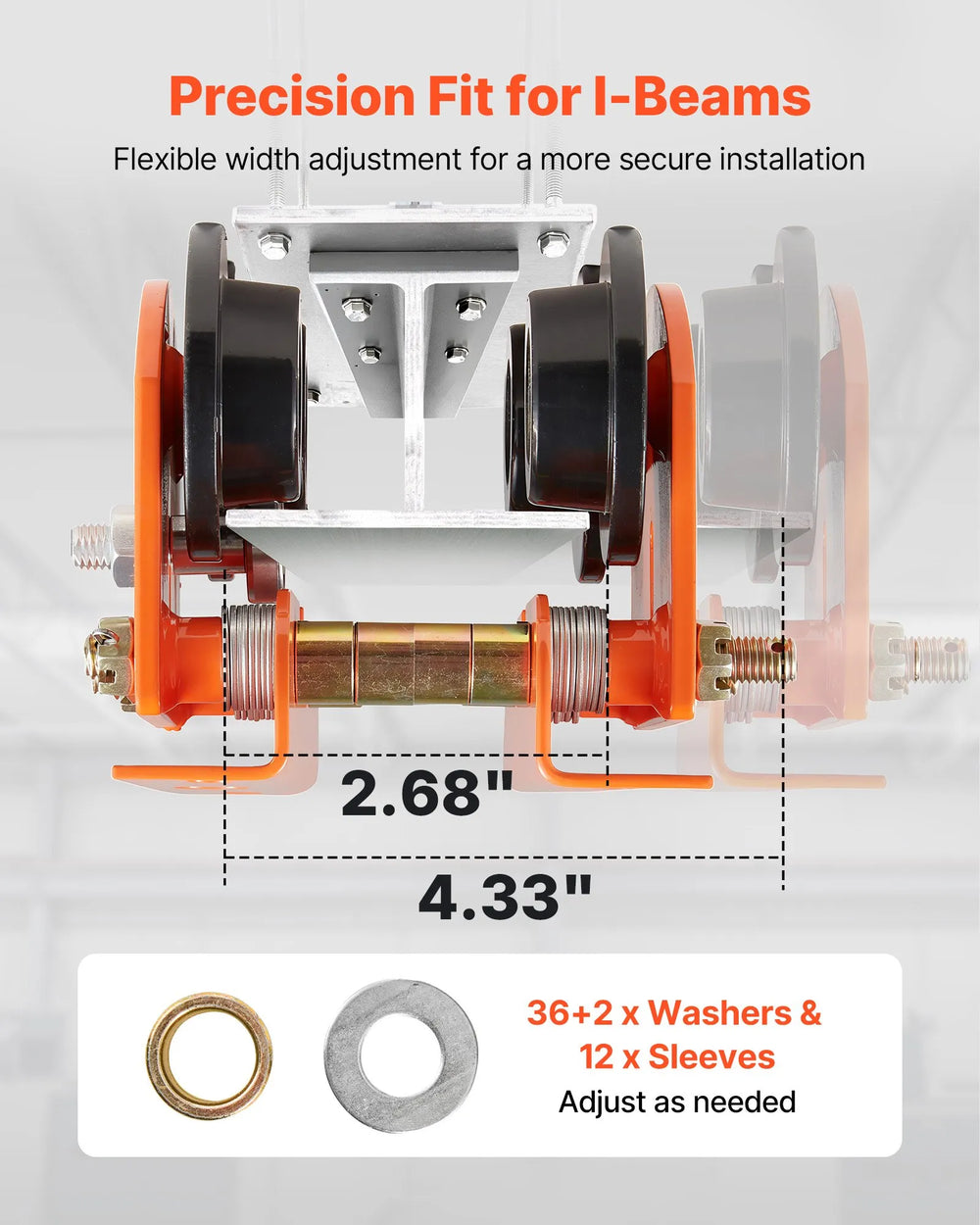 VEVOR Electric Hoist Manual Trolley, 1100 lbs/0.5 Ton Load for PA200 PA250 PA300 PA400 PA500, Push Beam Trolley with Dual Wheels, 2.68"-4.33" Adjustable Beam Flange Width for Straight & Curved I-Beam