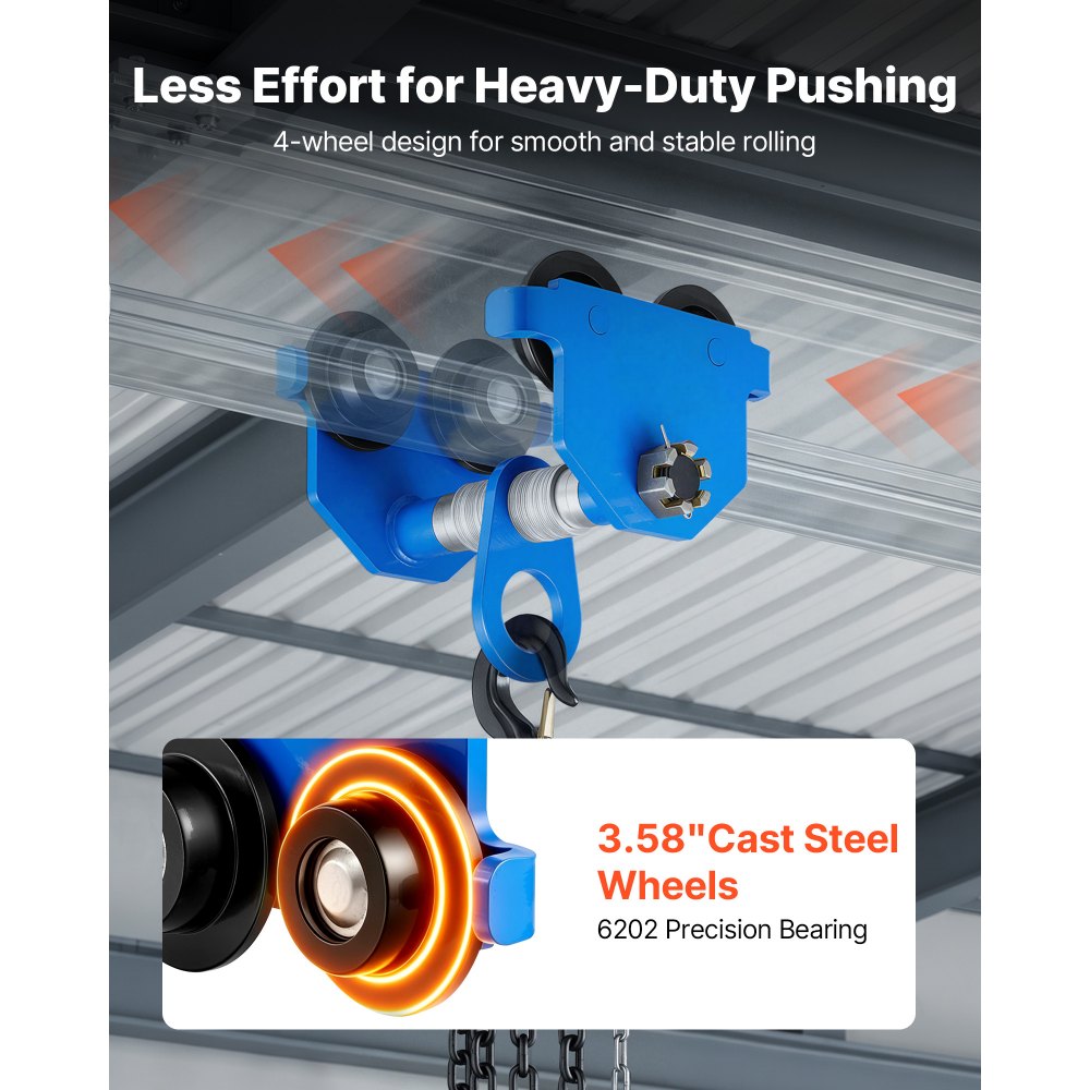 VEVOR Manual Trolley, 4400 lbs/2 Ton Load Capacity, Push Beam Trolley with Dual Wheels, Adjustable for I-Beam Flange Width 2.4" to 7", Heavy Duty Carbon Steel Garage Hoist for Straight & Curved I Beam