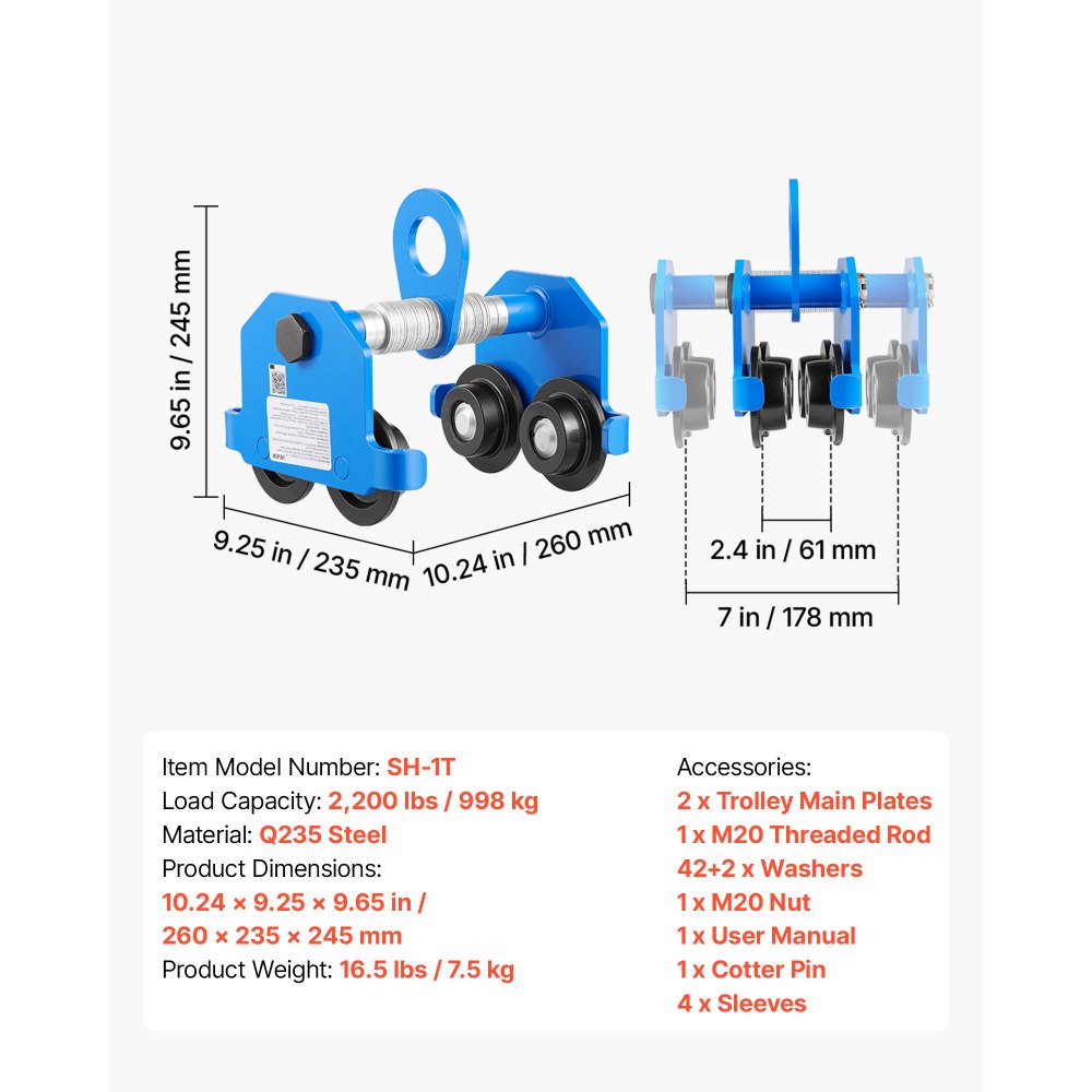 VEVOR Manual Trolley, 2200 lbs/1 Ton Load Capacity, Push Beam Trolley with Dual Wheels, Adjustable for I-Beam Flange Width 2.4" to 7", Heavy Duty Carbon Steel Garage Hoist for Straight & Curved I Beam