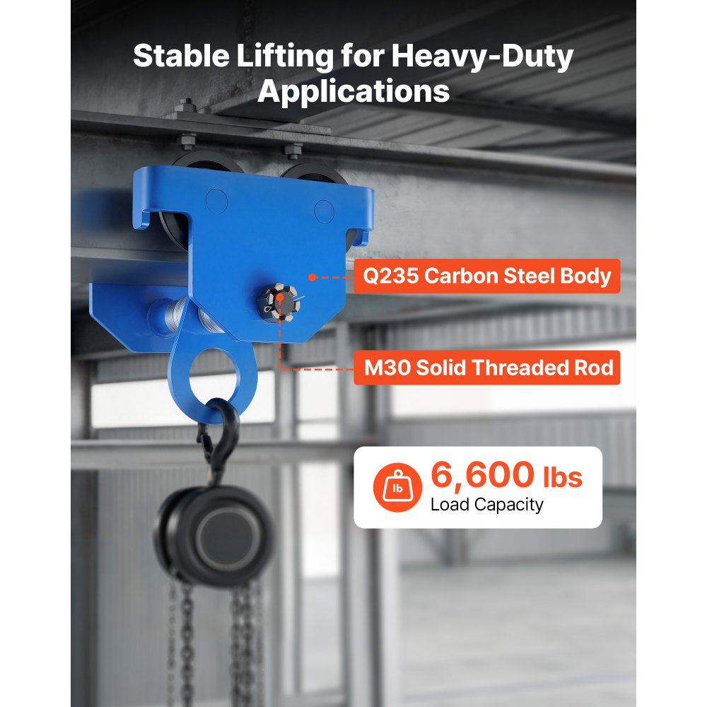VEVOR Manual Trolley, 6600 lbs/3 Ton Load Capacity, Push Beam Trolley with Dual Wheels, Adjustable for I-Beam Flange Width 2.5" to 8", Heavy Duty Carbon Steel Garage Hoist for Straight & Curved I Beam