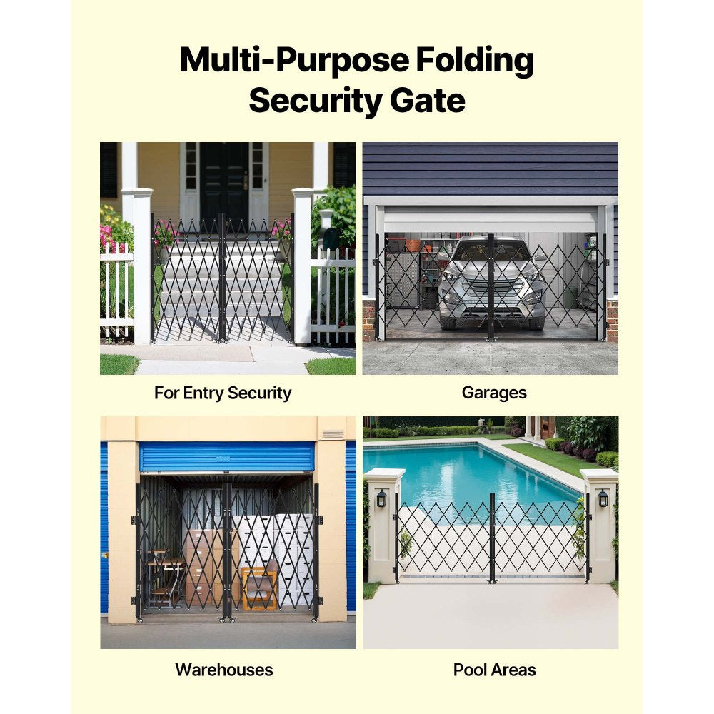 VEVOR Double Folding Security Gate, Lockable Scissor Gate with 360° Swivel Casters, Outdoor Barricade Steel Retractable Gates, for Entry Security, Garage, Warehouse & Pool, 125.98 x 63.19 in (W x H)