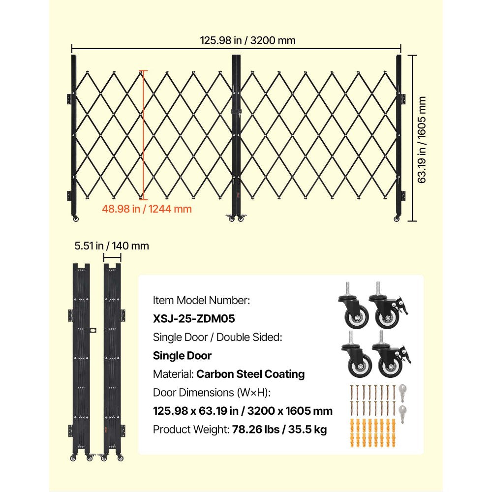 VEVOR Double Folding Security Gate, Lockable Scissor Gate with 360° Swivel Casters, Outdoor Barricade Steel Retractable Gates, for Entry Security, Garage, Warehouse & Pool, 125.98 x 63.19 in (W x H)