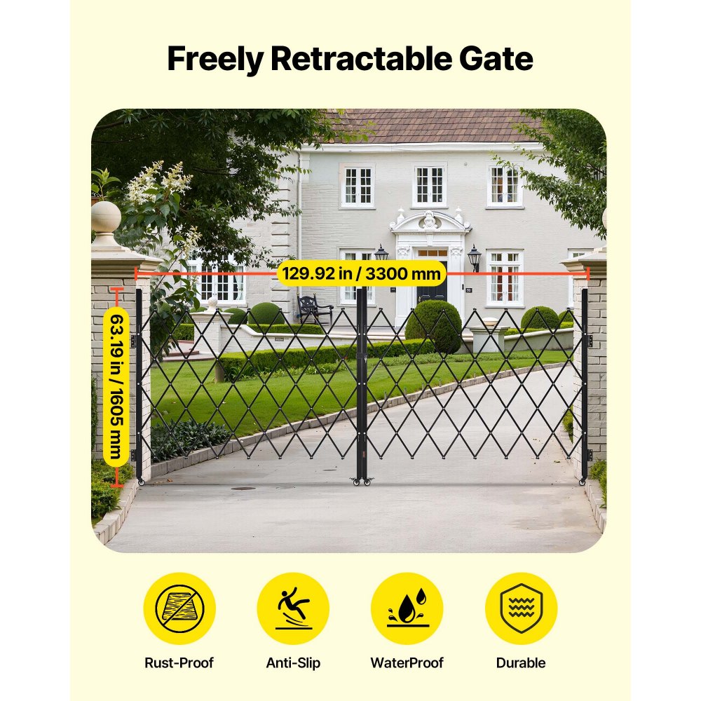 VEVOR Double Folding Security Gate, Lockable Scissor Gate with 360° Swivel Casters, Outdoor Barricade Steel Retractable Gates, for Entry Security, Garage, Warehouse & Pool, 129.92 x 63.19 in (W x H)