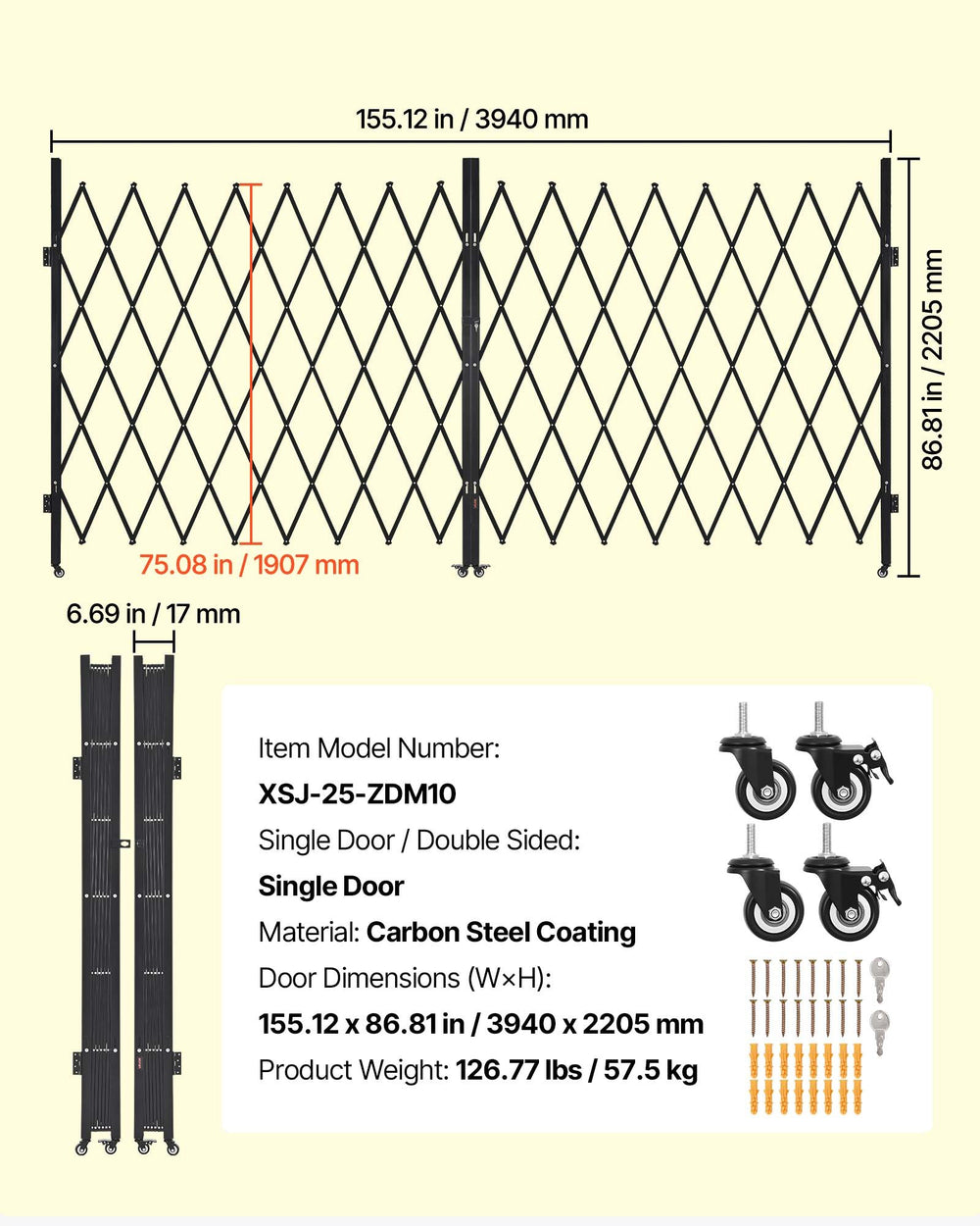 Size diagram and included accessories overview