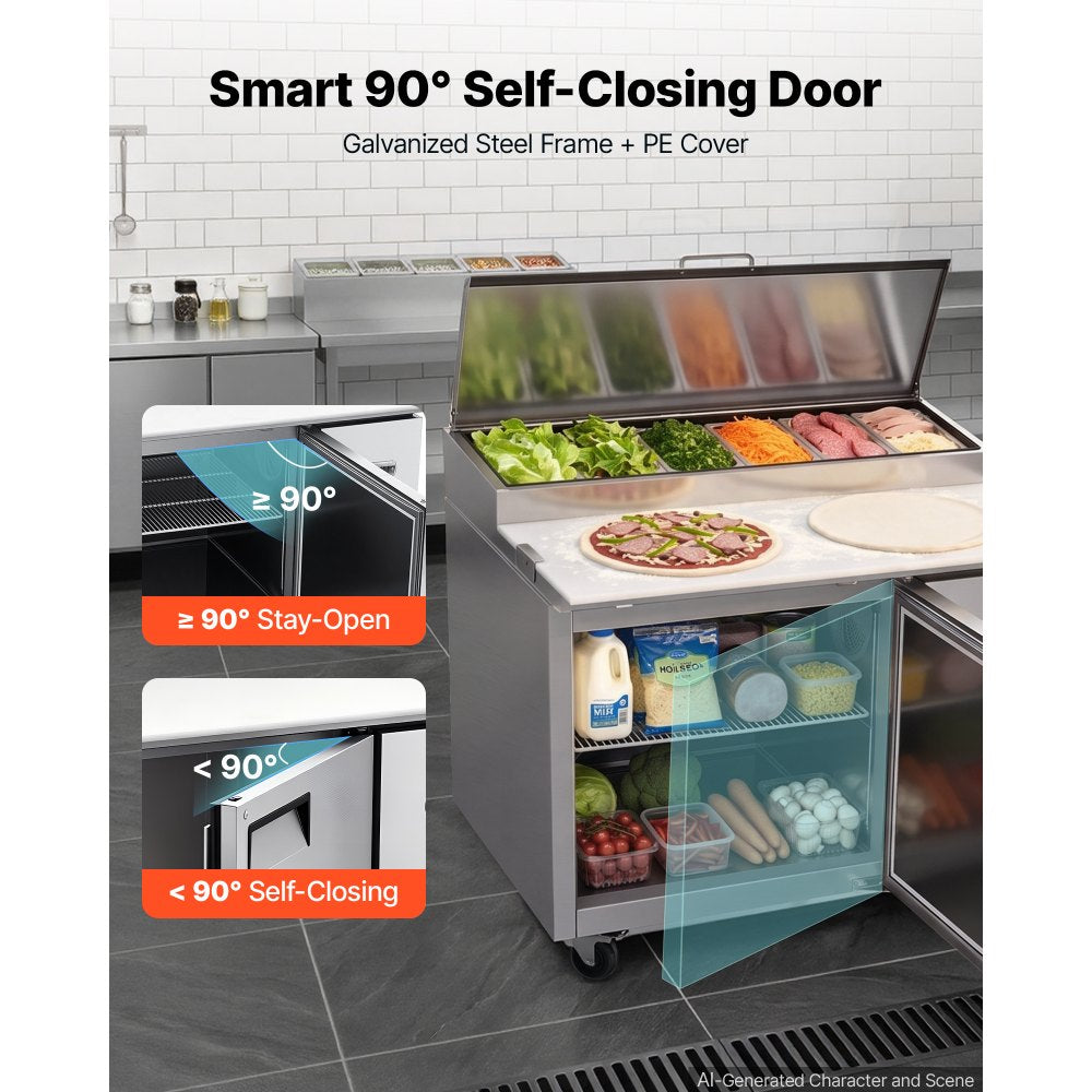VEVOR 44"W Commercial Refrigerator 10.8 Cu. Ft Pizza Prep Table Fridge, 19" Ultra Wide Cutting Board Salad Refrigerated Worktop, Mega Top Stainless Steel Food Prep Cooler, 6 x 1/3 Pans with Lids