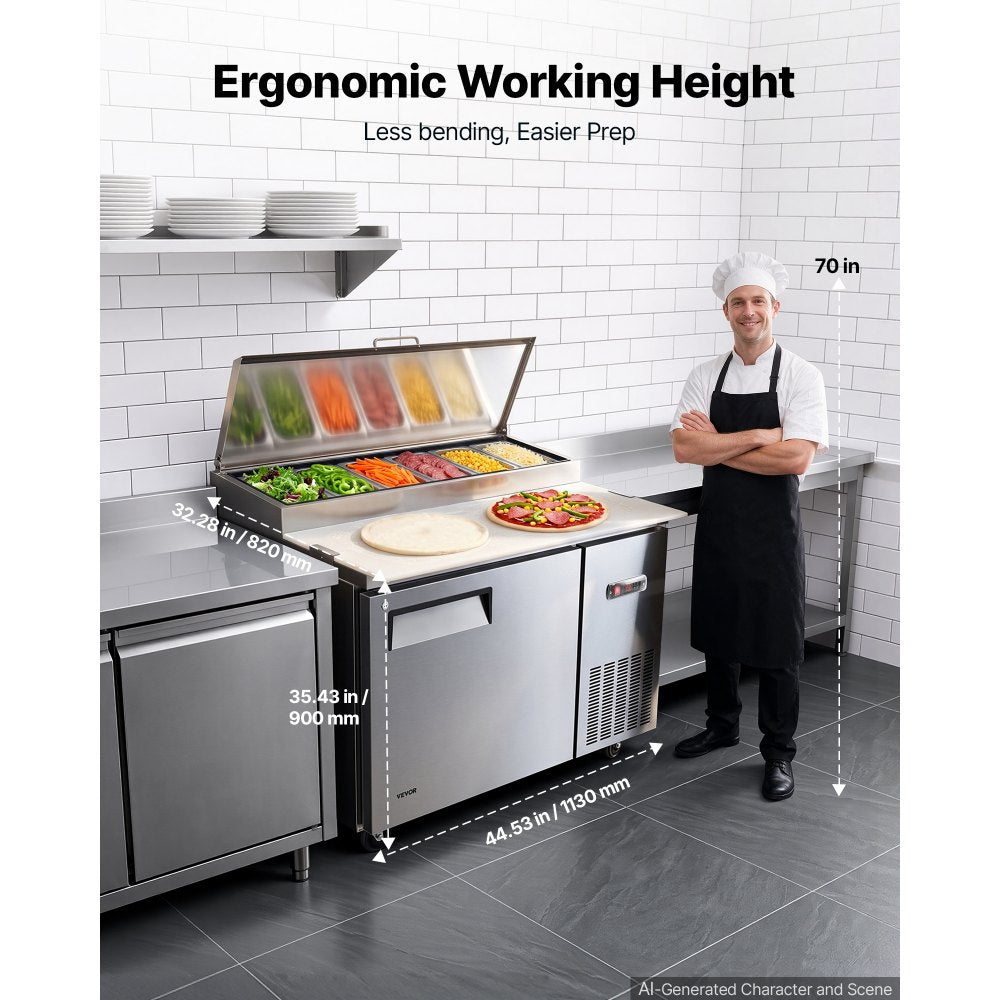 VEVOR 44"W Commercial Refrigerator 10.8 Cu. Ft Pizza Prep Table Fridge, 19" Ultra Wide Cutting Board Salad Refrigerated Worktop, Mega Top Stainless Steel Food Prep Cooler, 6 x 1/3 Pans with Lids
