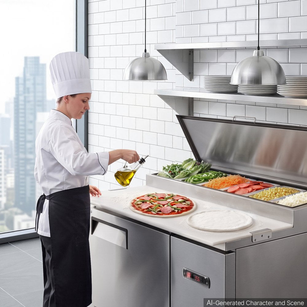 VEVOR 44"W Commercial Refrigerator 10.8 Cu. Ft Pizza Prep Table Fridge, 19" Ultra Wide Cutting Board Salad Refrigerated Worktop, Mega Top Stainless Steel Food Prep Cooler, 6 x 1/3 Pans with Lids