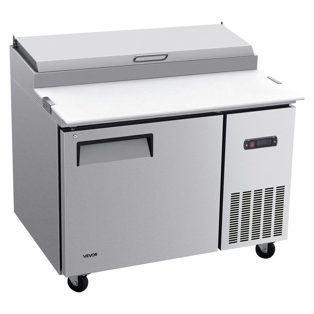 VEVOR 44"W Commercial Refrigerator 10.8 Cu. Ft Pizza Prep Table Fridge, 19" Ultra Wide Cutting Board Salad Refrigerated Worktop, Mega Top Stainless Steel Food Prep Cooler, 6 x 1/3 Pans with Lids