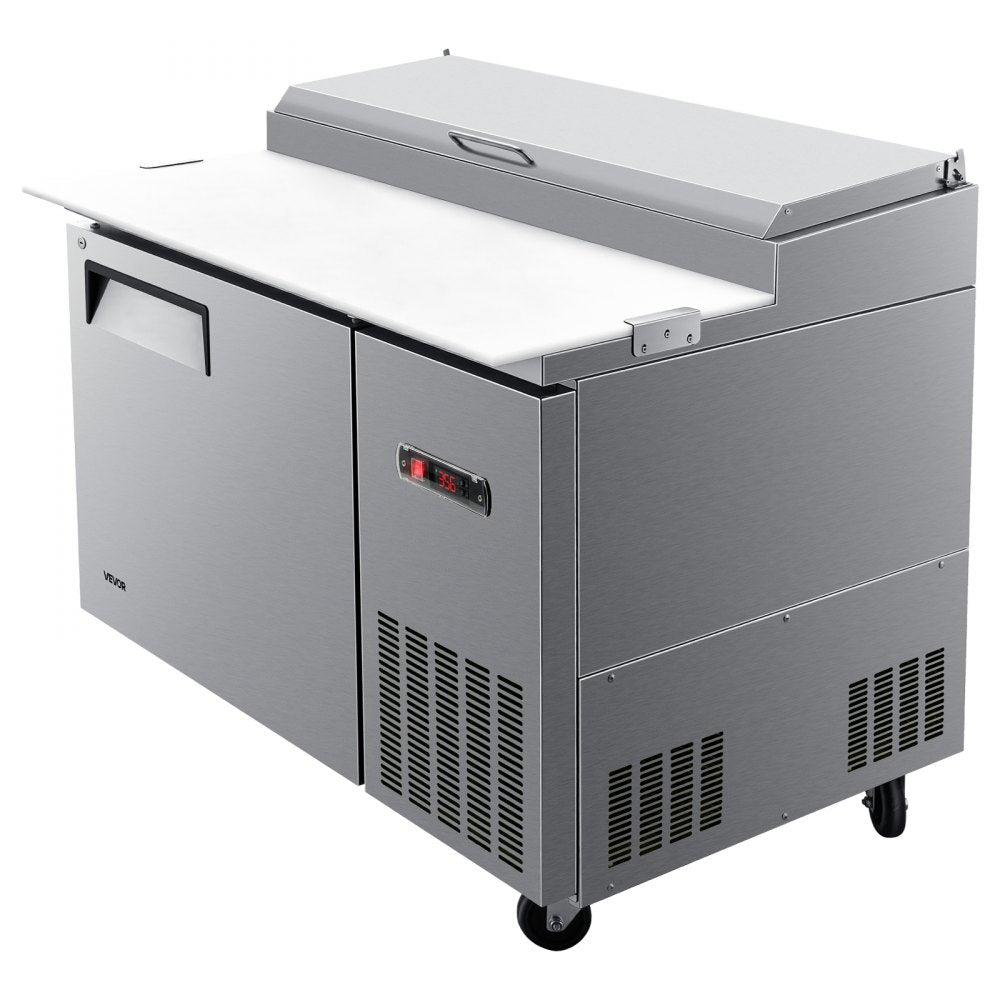 VEVOR 44"W Commercial Refrigerator 10.8 Cu. Ft Pizza Prep Table Fridge, 19" Ultra Wide Cutting Board Salad Refrigerated Worktop, Mega Top Stainless Steel Food Prep Cooler, 6 x 1/3 Pans with Lids