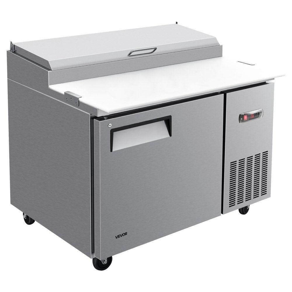 VEVOR 44"W Commercial Refrigerator 10.8 Cu. Ft Pizza Prep Table Fridge, 19" Ultra Wide Cutting Board Salad Refrigerated Worktop, Mega Top Stainless Steel Food Prep Cooler, 6 x 1/3 Pans with Lids