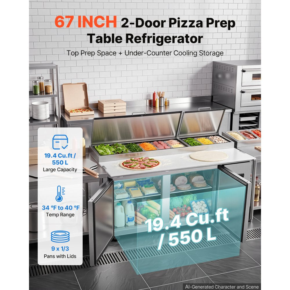 VEVOR 67"W Commercial Refrigerator 19.4 Cu. Ft Pizza Prep Table Fridge, 19" Ultra Wide Cutting Board Salad Refrigerated Worktop, Mega Top Stainless Steel Food Prep Cooler, 9 x 1/3 Pans with Lids