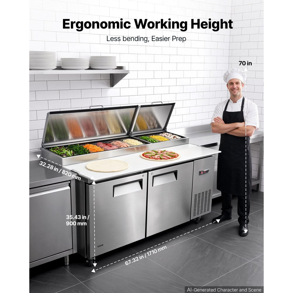 VEVOR 67"W Commercial Refrigerator 19.4 Cu. Ft Pizza Prep Table Fridge, 19" Ultra Wide Cutting Board Salad Refrigerated Worktop, Mega Top Stainless Steel Food Prep Cooler, 9 x 1/3 Pans with Lids