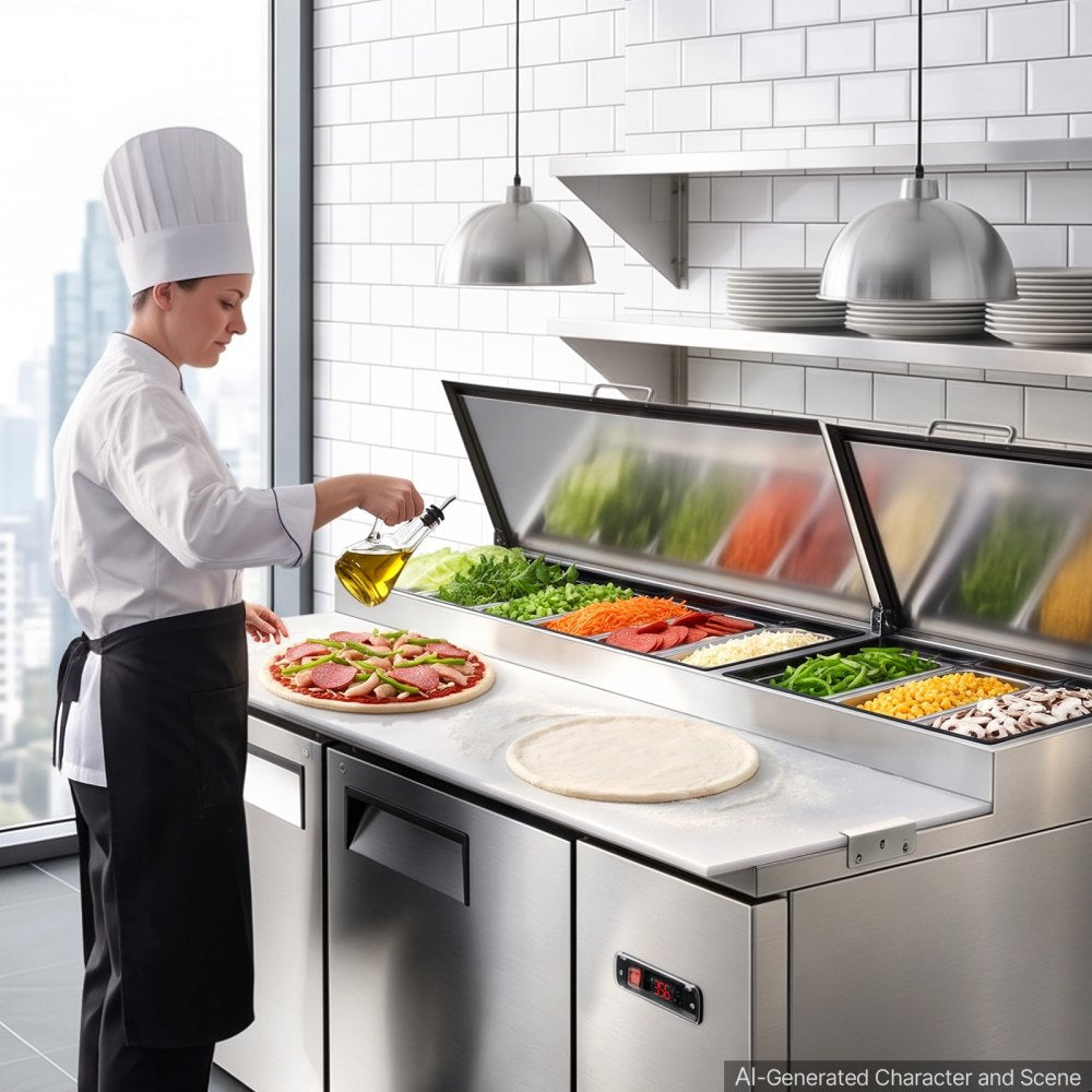 VEVOR 67"W Commercial Refrigerator 19.4 Cu. Ft Pizza Prep Table Fridge, 19" Ultra Wide Cutting Board Salad Refrigerated Worktop, Mega Top Stainless Steel Food Prep Cooler, 9 x 1/3 Pans with Lids