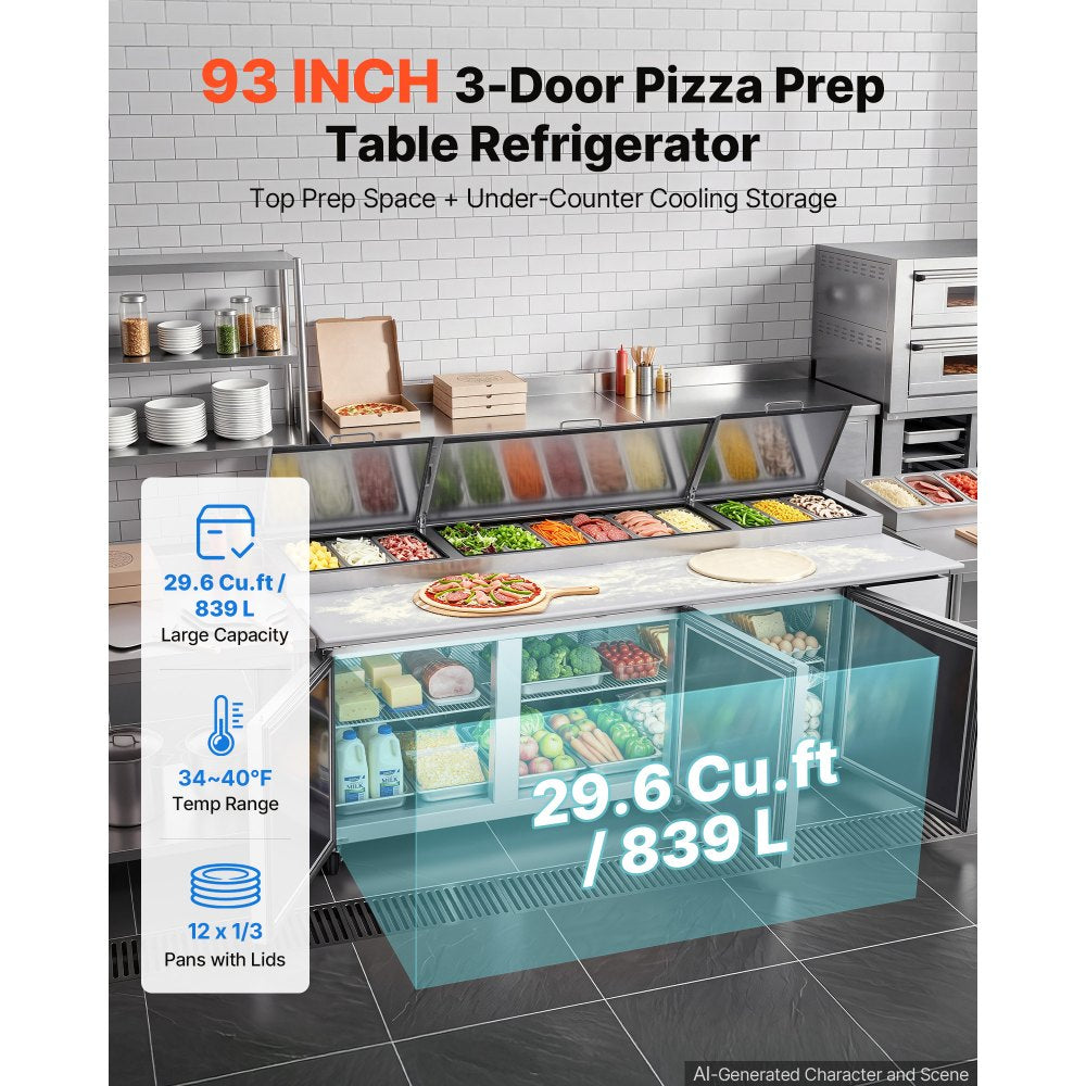 VEVOR 94"W Commercial Refrigerator 29.6 Cu. Ft Pizza Prep Table Fridge, 19" Ultra Wide Cutting Board Salad Refrigerated Worktop, Mega Top Stainless Steel Food Prep Cooler, 12 x 1/3 Pans with Lids