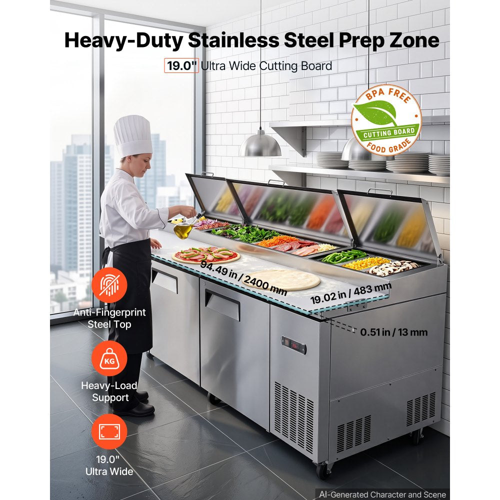 VEVOR 94"W Commercial Refrigerator 29.6 Cu. Ft Pizza Prep Table Fridge, 19" Ultra Wide Cutting Board Salad Refrigerated Worktop, Mega Top Stainless Steel Food Prep Cooler, 12 x 1/3 Pans with Lids