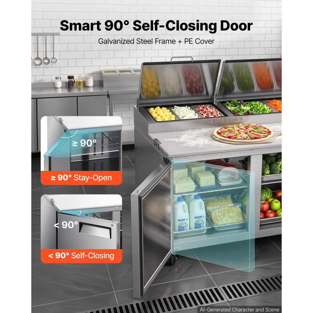 VEVOR 94"W Commercial Refrigerator 29.6 Cu. Ft Pizza Prep Table Fridge, 19" Ultra Wide Cutting Board Salad Refrigerated Worktop, Mega Top Stainless Steel Food Prep Cooler, 12 x 1/3 Pans with Lids