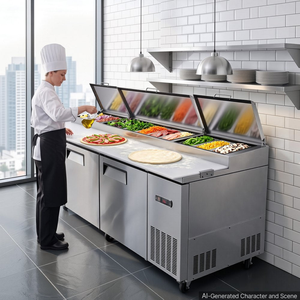 VEVOR 94"W Commercial Refrigerator 29.6 Cu. Ft Pizza Prep Table Fridge, 19" Ultra Wide Cutting Board Salad Refrigerated Worktop, Mega Top Stainless Steel Food Prep Cooler, 12 x 1/3 Pans with Lids