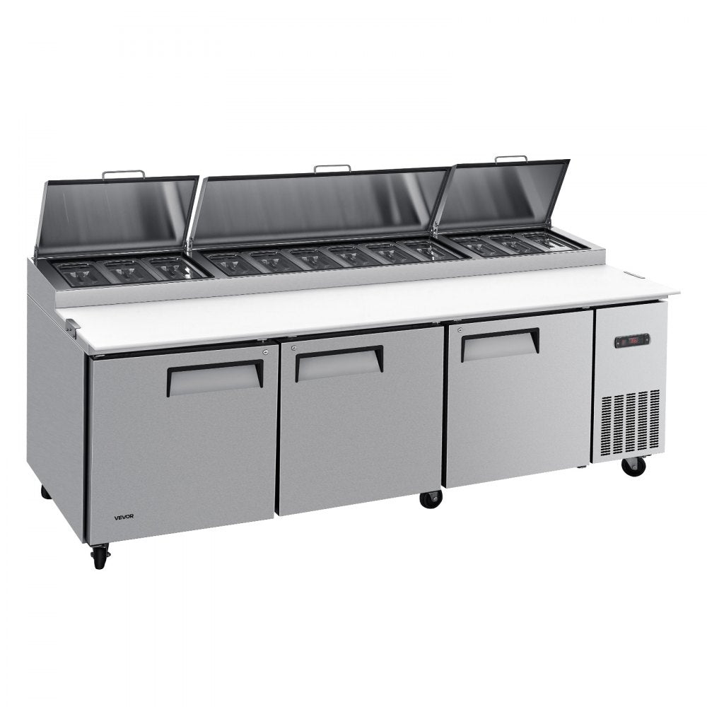 VEVOR 94"W Commercial Refrigerator 29.6 Cu. Ft Pizza Prep Table Fridge, 19" Ultra Wide Cutting Board Salad Refrigerated Worktop, Mega Top Stainless Steel Food Prep Cooler, 12 x 1/3 Pans with Lids