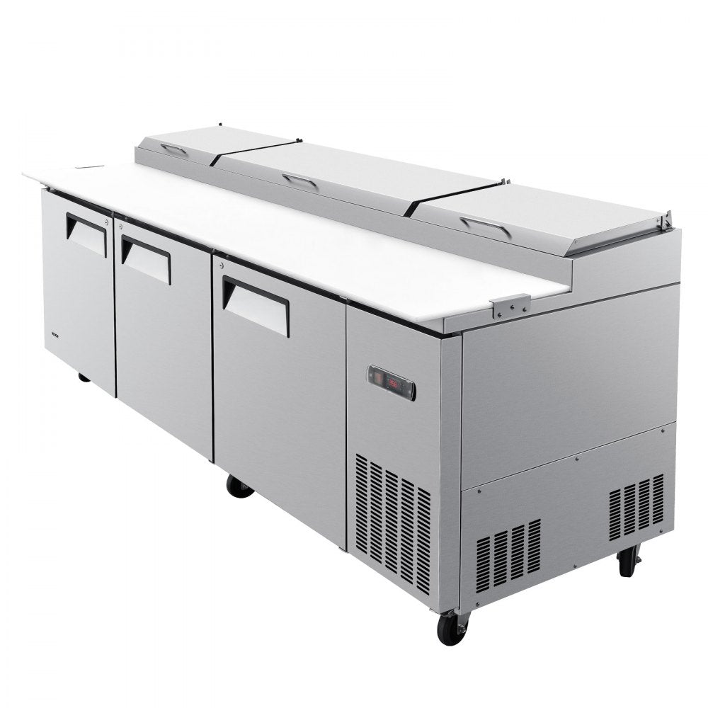 VEVOR 94"W Commercial Refrigerator 29.6 Cu. Ft Pizza Prep Table Fridge, 19" Ultra Wide Cutting Board Salad Refrigerated Worktop, Mega Top Stainless Steel Food Prep Cooler, 12 x 1/3 Pans with Lids