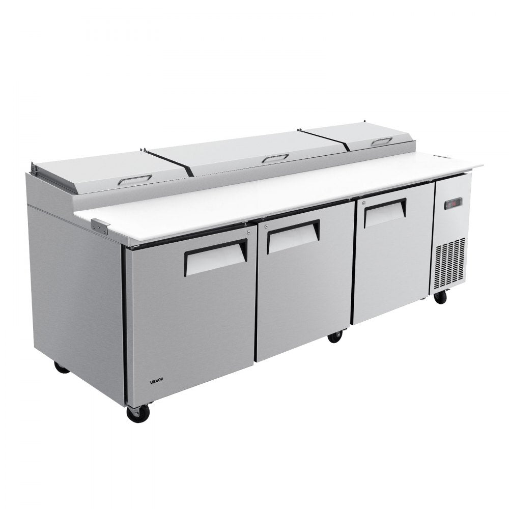 VEVOR 94"W Commercial Refrigerator 29.6 Cu. Ft Pizza Prep Table Fridge, 19" Ultra Wide Cutting Board Salad Refrigerated Worktop, Mega Top Stainless Steel Food Prep Cooler, 12 x 1/3 Pans with Lids