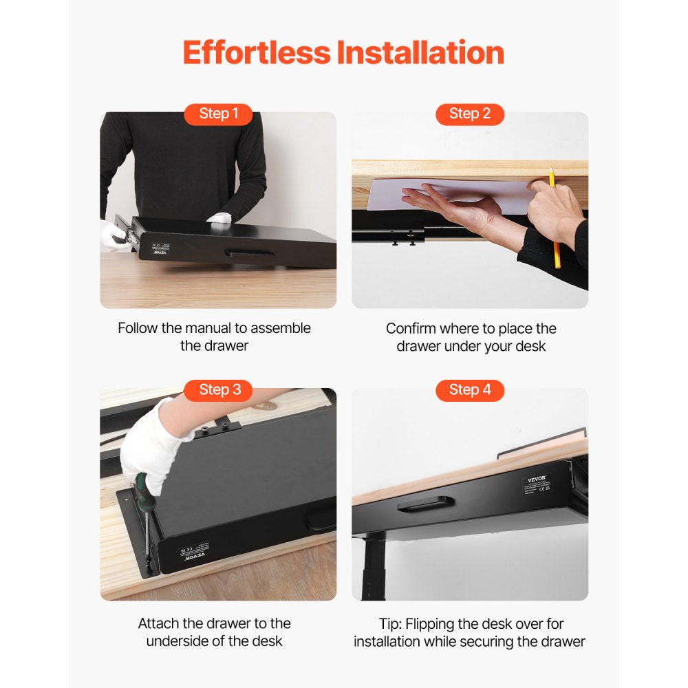 VEVOR 22" Wide Under Desk Drawer Slide Out, Under Desk Mounted Pull-out Drawer Attachment, Hidden Desktop Storage Organizer, Under Table Pencil Drawer for office Home Sit Stand Workstation, 25x9x3 in