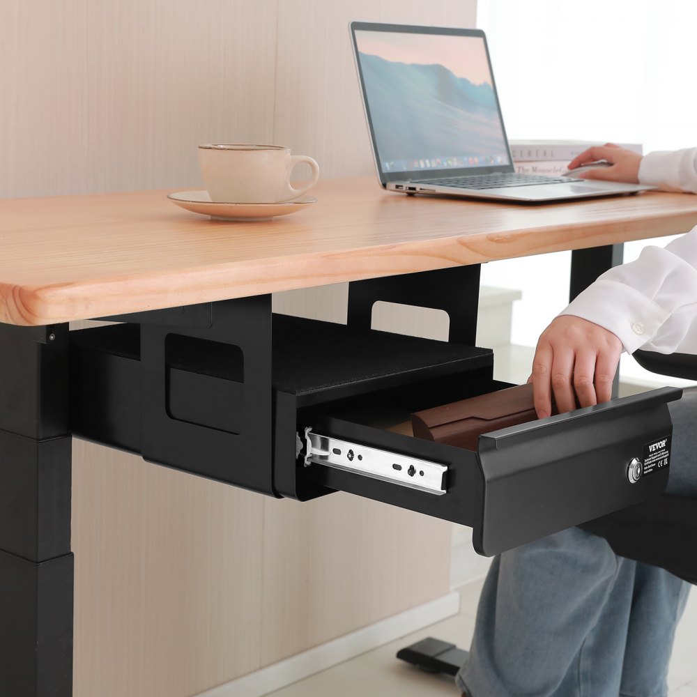 VEVOR 13" Wide Under Desk Drawer Slide Out, Under Desk Mounted Pull-out Drawer Attachment, Hidden Desktop Storage Organizer, Lockable Under Table Pencil Drawer for Sit Stand Workstation, 14x13x7 in