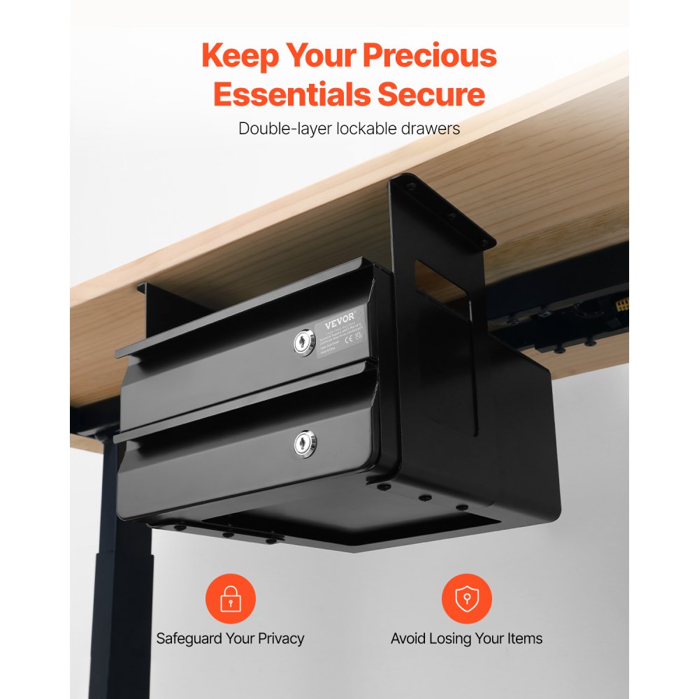 VEVOR 13" Wide Under Desk Drawer Slide Out, Under Table Pull-out Drawer Attachment, Hidden Desktop 2 Layer Storage Organizer, Lockable Undermount Pencil Drawer for Sit Stand Workstation, 14x13x10 in