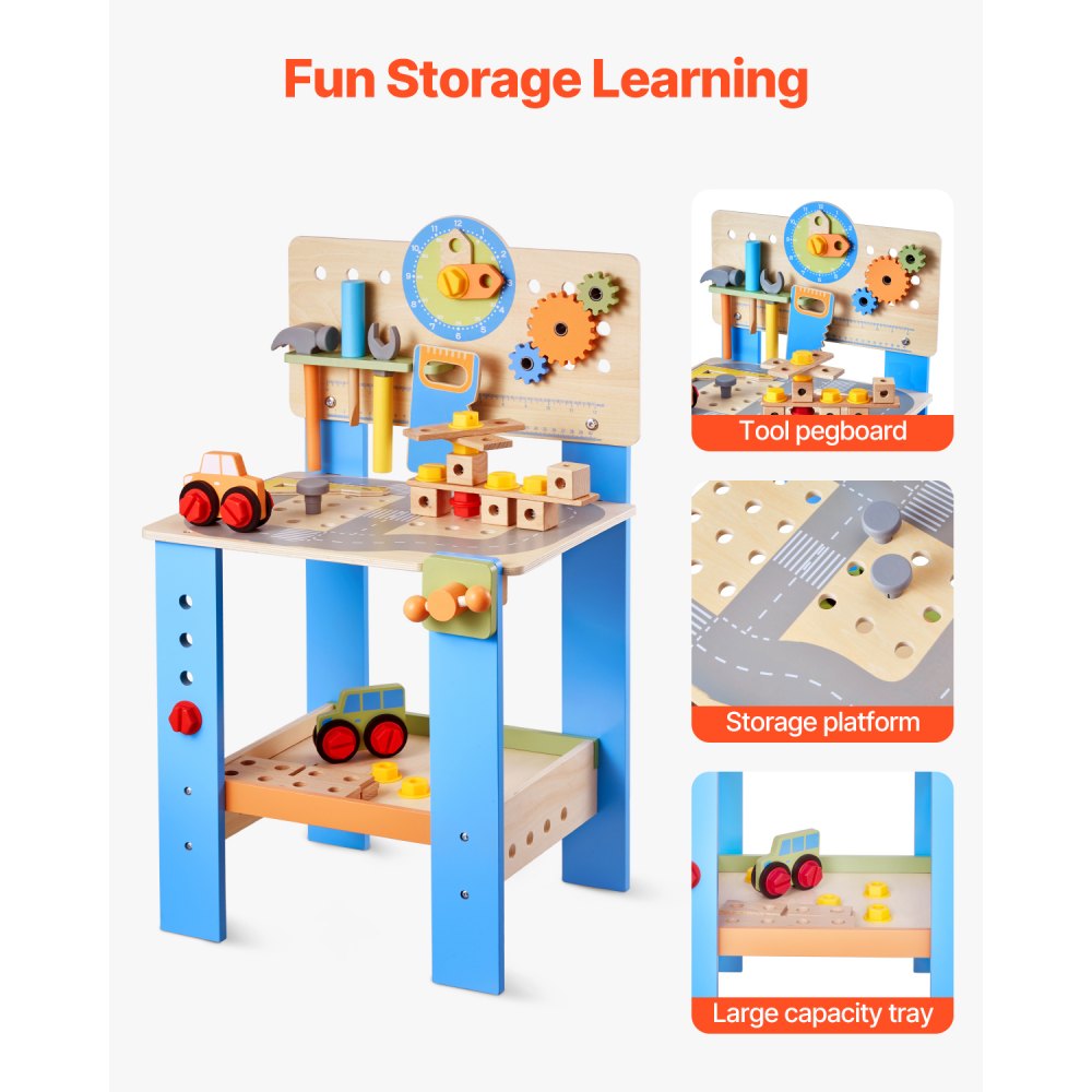 VEVOR Kids Workbench, 62 pcs, Wooden Tool Bench for Kids 3 Years and Up, Toddler Toy Workbench with Realistic Tools, Building Toy Set Creative & Educational Construction Toy for Boys & Girls