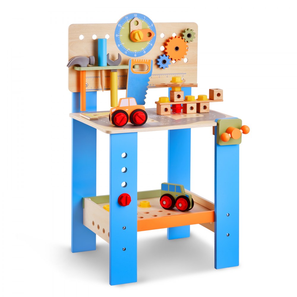 VEVOR Kids Workbench, 62 pcs, Wooden Tool Bench for Kids 3 Years and Up, Toddler Toy Workbench with Realistic Tools, Building Toy Set Creative & Educational Construction Toy for Boys & Girls