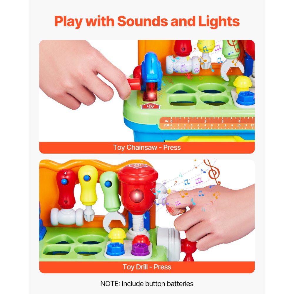 VEVOR Musical Workbench Toy, Sounds & Lights, Musical Learning Workbench for Toddler Age 2 Years and Up, Baby Pretend Play Tool Set, Infant Shape Sorter Activities, Kids Pounding Game, Boys & Girls