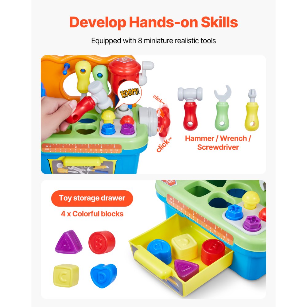 VEVOR Musical Workbench Toy, Sounds & Lights, Musical Learning Workbench for Toddler Age 2 Years and Up, Baby Pretend Play Tool Set, Infant Shape Sorter Activities, Kids Pounding Game, Boys & Girls