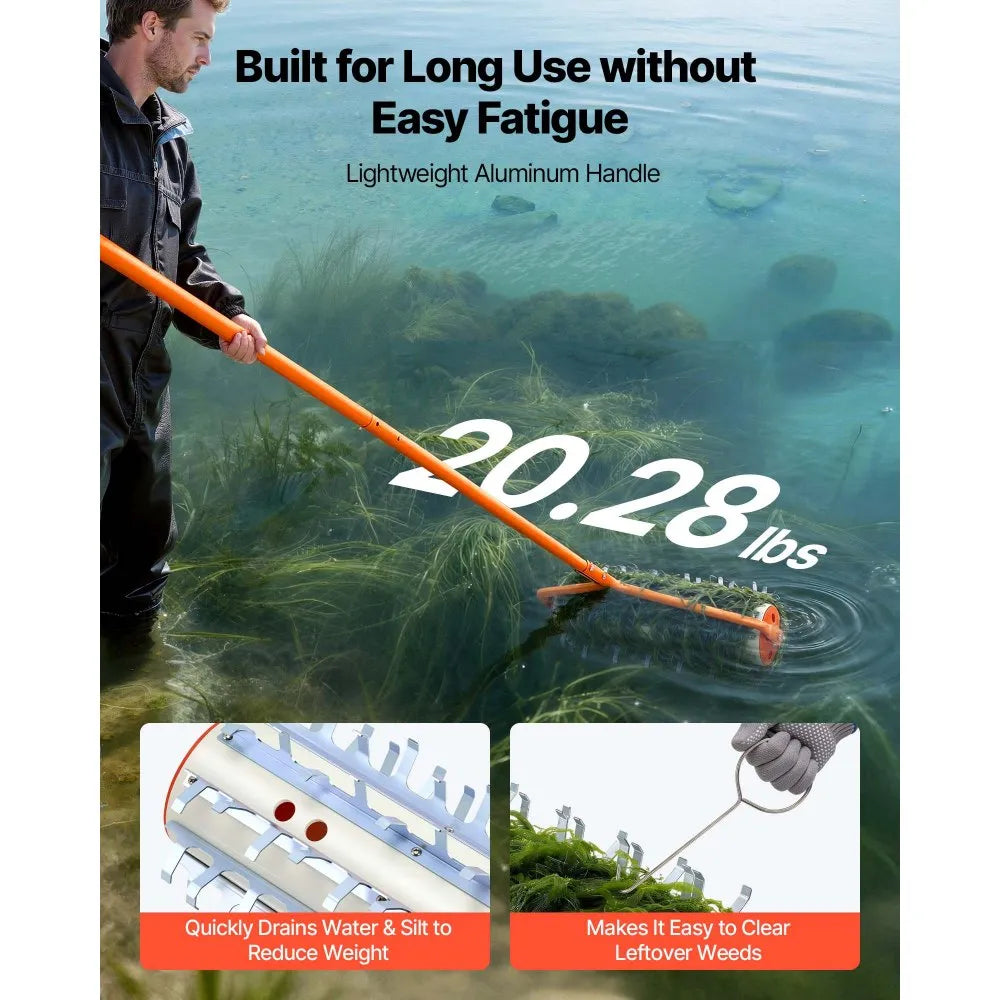 VEVOR Lake Weed Roller, 12 ft Lake & Pond Weed Removal Tool, Muck Razer Aquatic & Sludge Tiller, Rid Roots and Muck Buildup, 9 Preassembled Galvanized Iron Blades, 3 Aluminum Handles, Easy Assembly