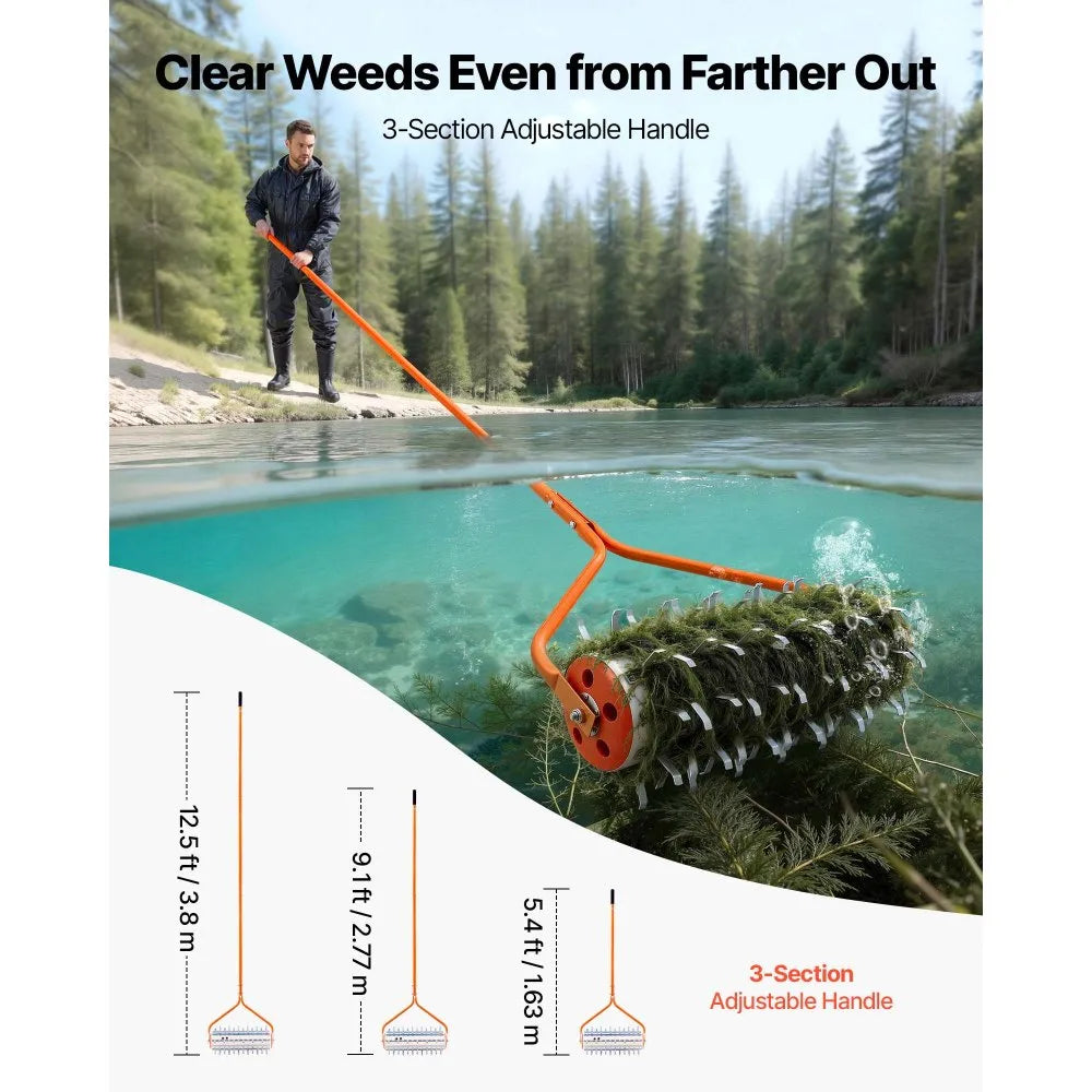VEVOR Lake Weed Roller, 12 ft Lake & Pond Weed Removal Tool, Muck Razer Aquatic & Sludge Tiller, Rid Roots and Muck Buildup, 9 Preassembled Galvanized Iron Blades, 3 Aluminum Handles, Easy Assembly