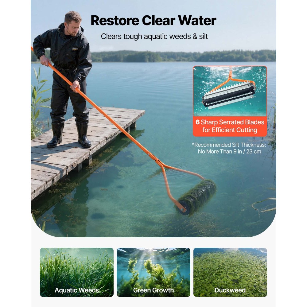 VEVOR Lake Weed Roller, 14.1 ft Stainless Steel Lake & Pond Weed Removal Tool, Muck Razer Aquatic & Sludge Tiller, Rid Roots and Muck Buildup, 6 Preassembled Stainless Steel Blades, 4 Aluminum Handles