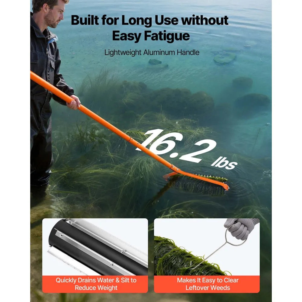 VEVOR Lake Weed Roller, 14.1 ft Stainless Steel Lake & Pond Weed Removal Tool, Muck Razer Aquatic & Sludge Tiller, Rid Roots and Muck Buildup, 6 Preassembled Stainless Steel Blades, 4 Aluminum Handles