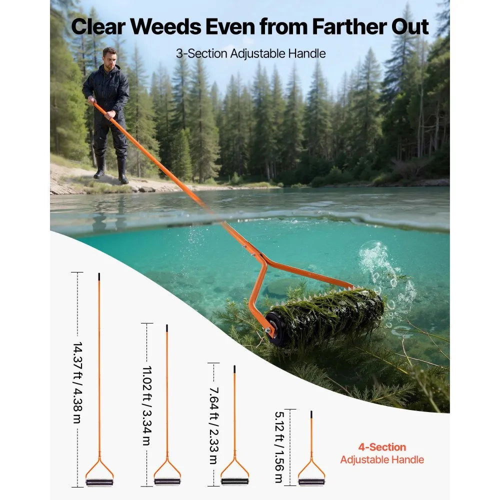 VEVOR Lake Weed Roller, 14.1 ft Stainless Steel Lake & Pond Weed Removal Tool, Muck Razer Aquatic & Sludge Tiller, Rid Roots and Muck Buildup, 6 Preassembled Stainless Steel Blades, 4 Aluminum Handles