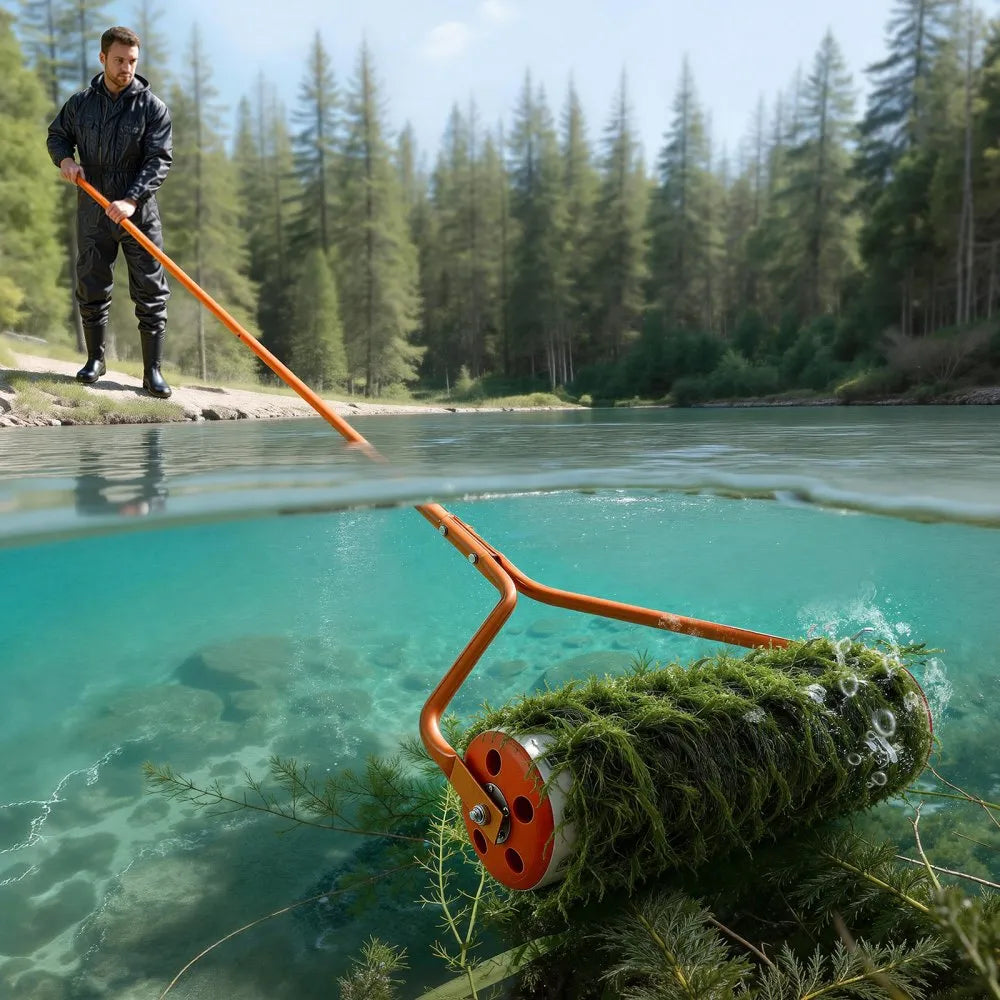 VEVOR Lake Weed Roller, 18 ft Lake & Pond Weed Removal Tool, Muck Razer Aquatic & Sludge Tiller, Rid Roots and Muck Buildup, 6 Preassembled Stainless Steel Blades, 5 Aluminum Handles, Easy Assembly