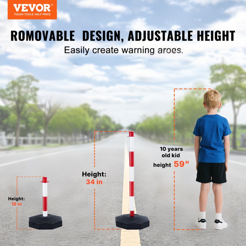VEVOR Adjustable Traffic Delineator Post Cones, 4 Pack, Traffic Safety Delineator Barrier with Fillable Base 8FT Chain, for Traffic Control Warning Parking Lot Construction Caution Roads, Red & White