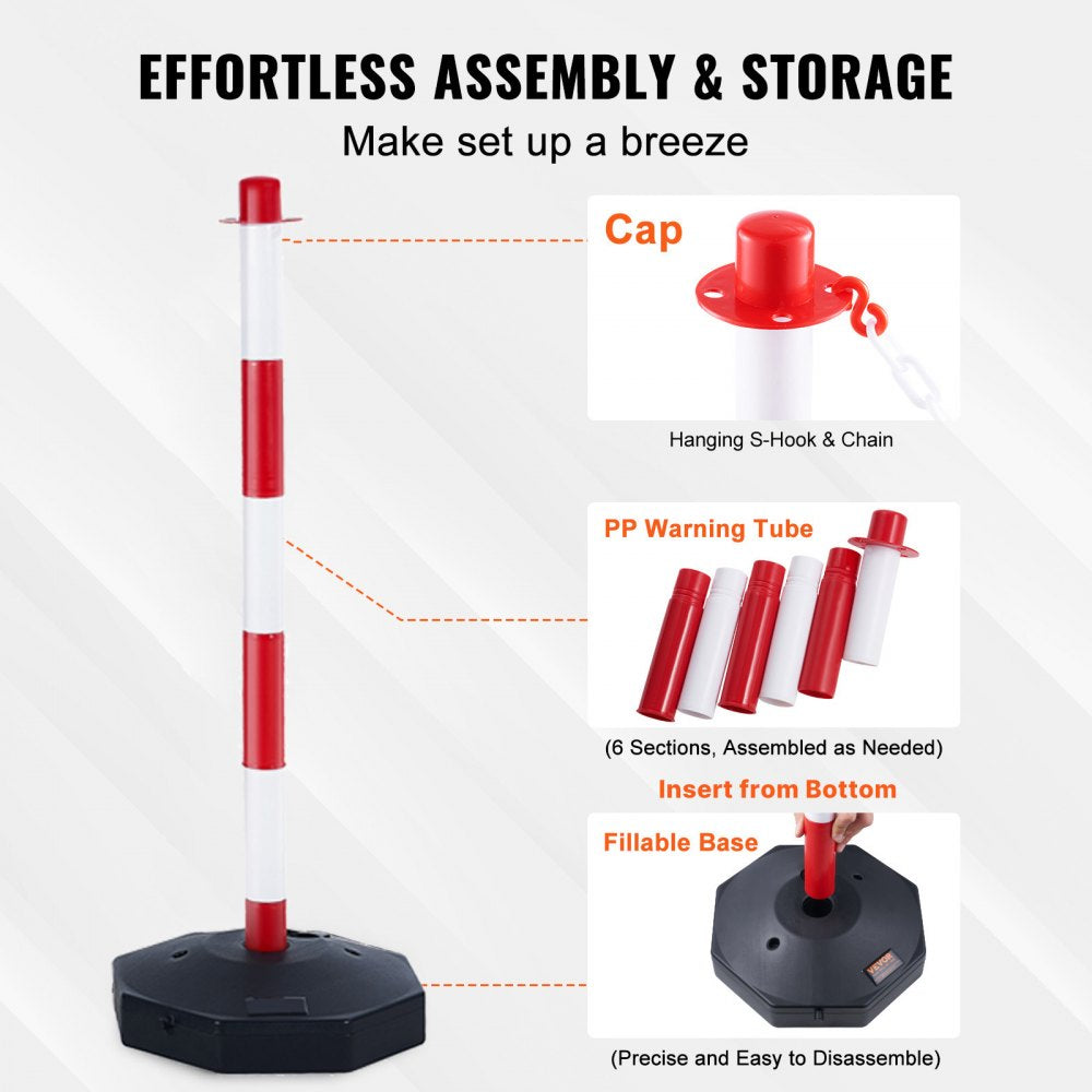 VEVOR Adjustable Traffic Delineator Post Cones, 2 Pack, Traffic Safety Delineator Barrier with Fillable Base 8FT Chain, for Traffic Control Warning Parking Lot Construction Caution Roads, Red & White
